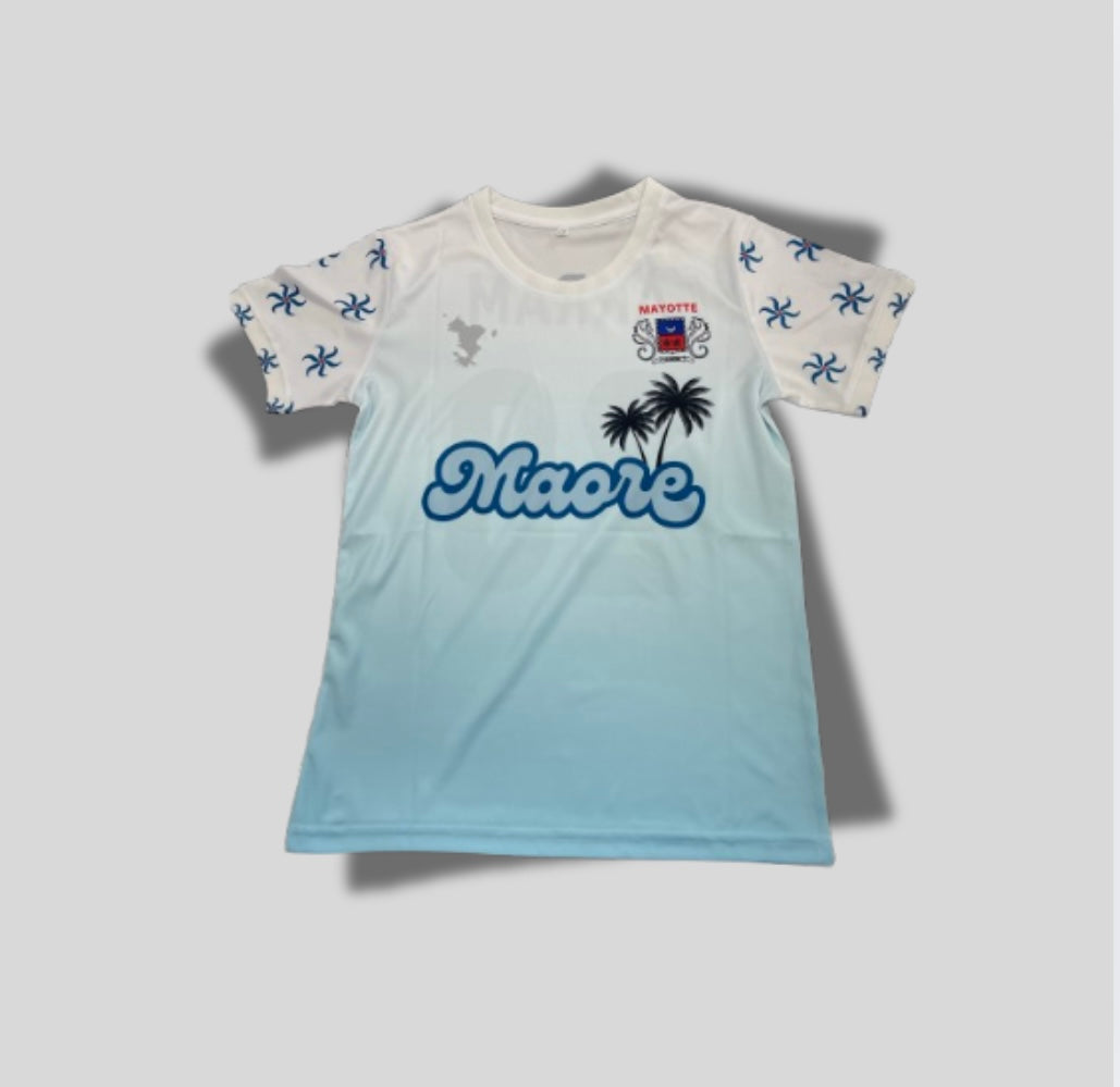 Maillot mayotte bleu à motif palmier et ylang